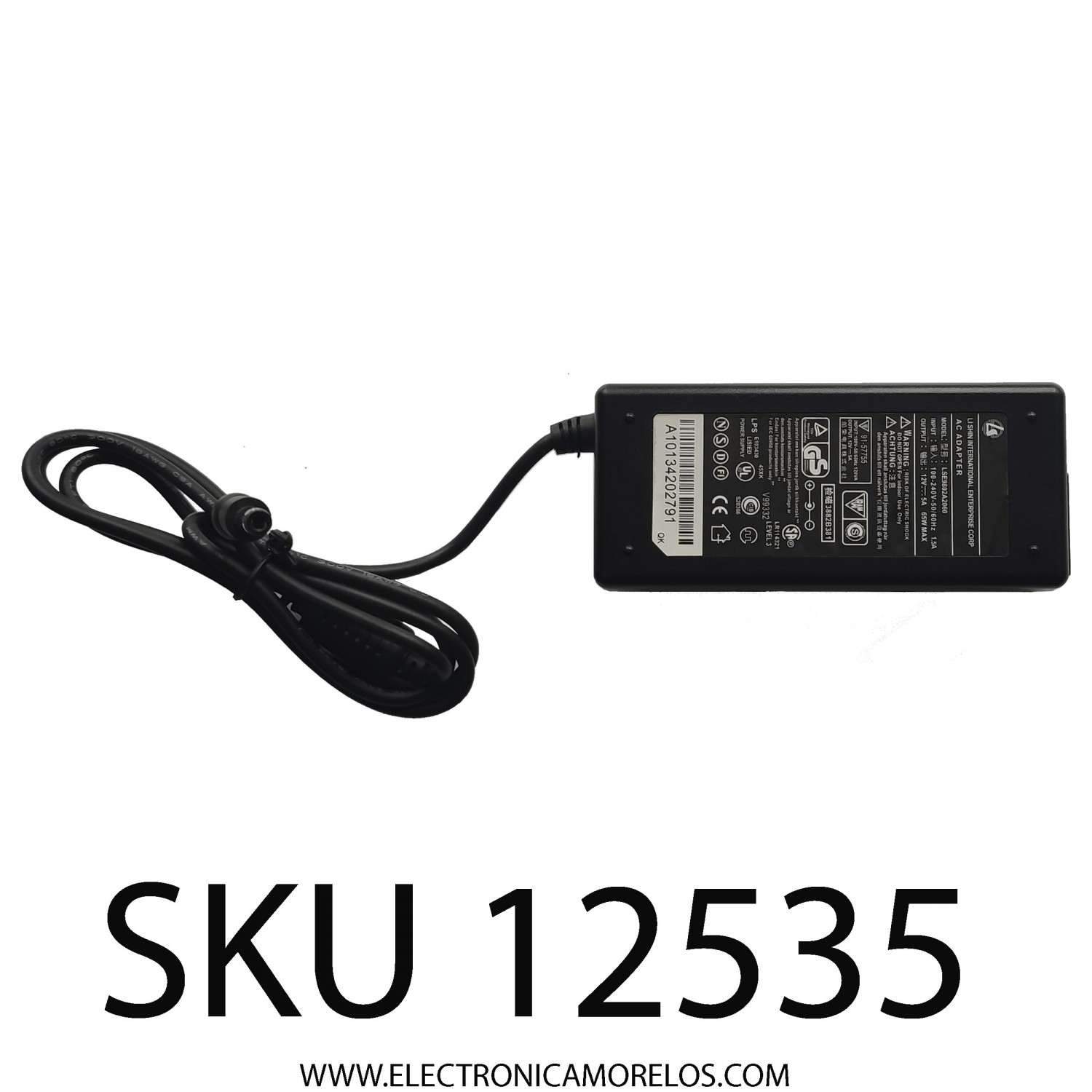 ADAPTADOR AC LI SHIN / NUMERO DE PARTE LSE9802A2060 / INPUT: 100-240 V AC 50/60 Hz 1.5A / OUTPUT: 12V DC - 5A	